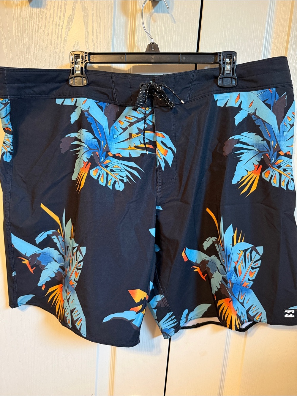 Billabong Men's Black Boardshorts with Blue & Orange Tropical Leaves